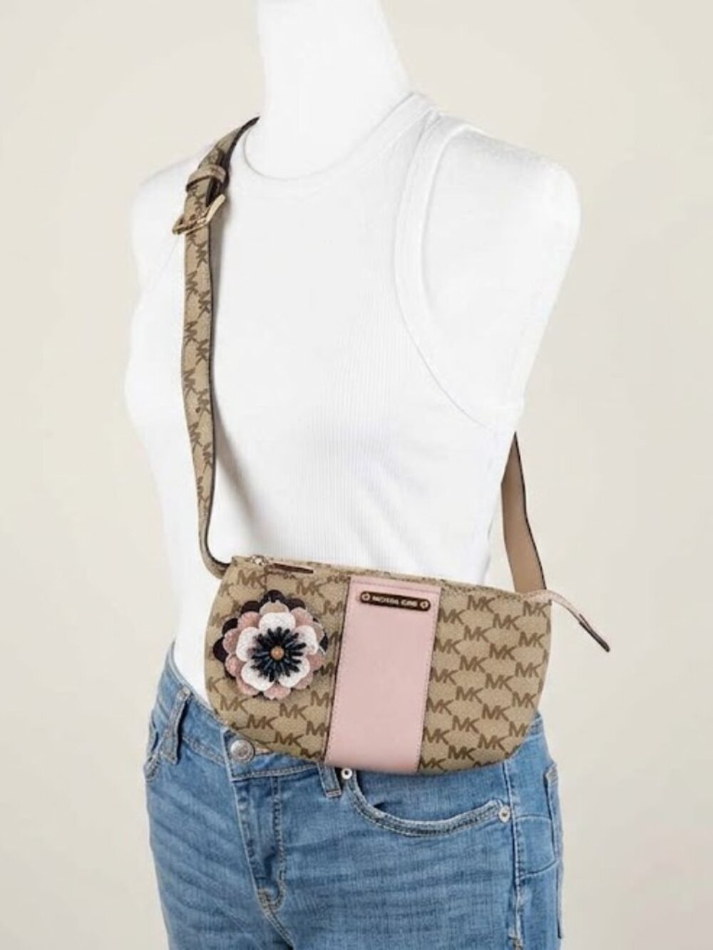 Michael Kors Signature Logo Crossbody Bag - Tan & Pink Like New